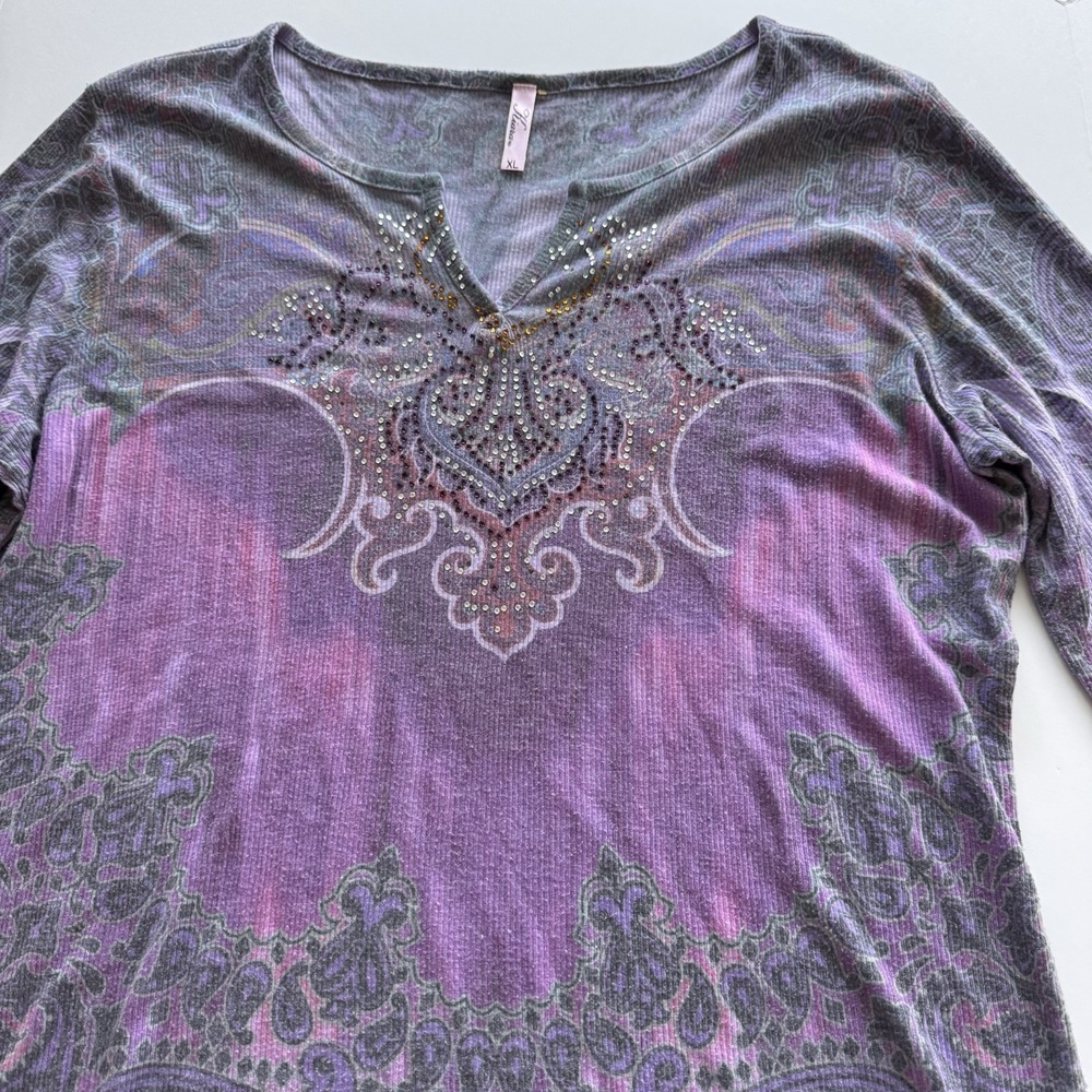 Kiara Shirt Womens XL Purple Paisley Long Sleeve Rhinestone Embellished Top